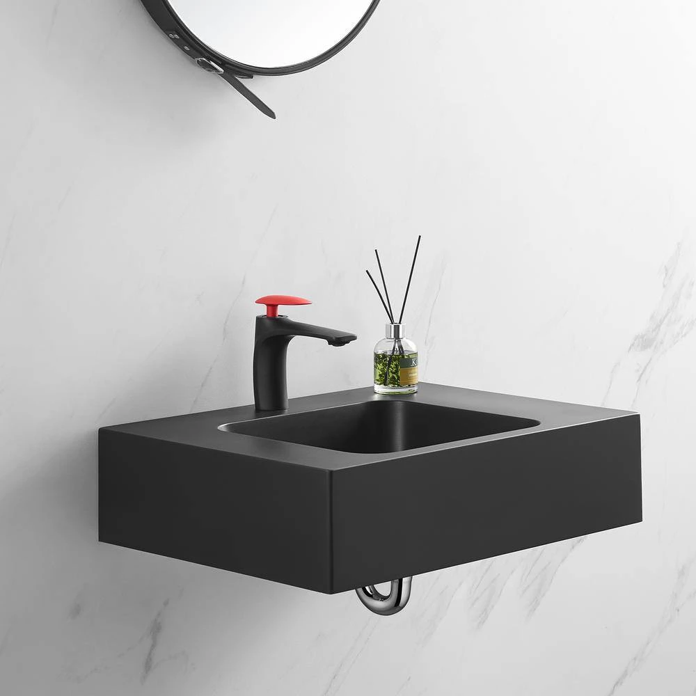 SERENE VALLEY 26 in. Wall-Mount Install or On Countertop Bathroom Composite Sink with Single Faucet Hole in Matte Black 6 SERENE VALLEY 26 in. Wall-Mount Install or On Countertop Bathroom Composite Sink with Single Faucet Hole in Matte Black - Image 4