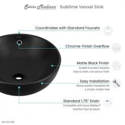 Swiss Madison Sublime 17 in. Matte Black Ceramic Round Vessel Sink -Bathroom Sinks Sales matte black swiss madison vessel sinks sm vs212mb 77 1000