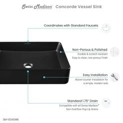 Swiss Madison Concorde Matte Black Ceramic Rectangle Vessel Sink -Bathroom Sinks Sales matte black swiss madison vessel sinks sm vs242mb 77 1000