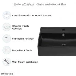 Swiss Madison Claire 22 in. Ceramic Rectangle Wall-Mount Vessel Bathroom Sink in Matte Black -Bathroom Sinks Sales matte black swiss madison wall mount sinks sm ws318mb 4f 1000
