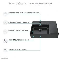 Swiss Madison St. Tropez 24 in. x 18 in. Matte Black Ceramic Wall Hung Vessel Sink with Left Side Faucet Mount -Bathroom Sinks Sales matte black swiss madison wall mount sinks sm ws322mb 77 1000