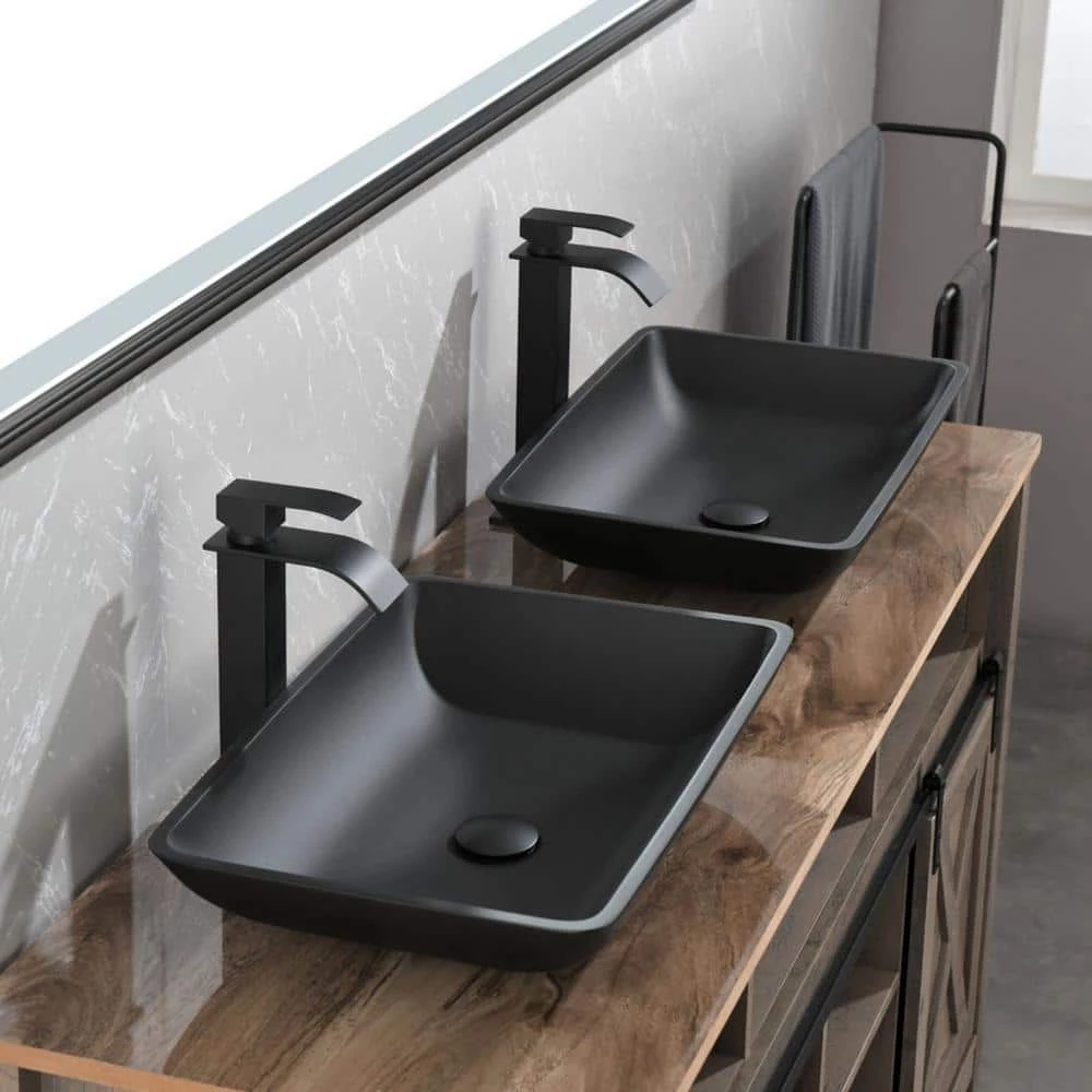 TOOLKISS Glass Rectangular Vessel Sink in Matte Black with Faucet and Pop-Up Drain 5 TOOLKISS Glass Rectangular Vessel Sink in Matte Black with Faucet and Pop-Up Drain - Image 3