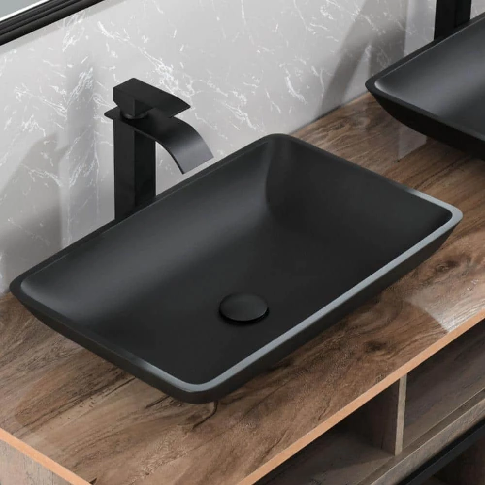 TOOLKISS Glass Rectangular Vessel Sink in Matte Black with Faucet and Pop-Up Drain 3 TOOLKISS Glass Rectangular Vessel Sink in Matte Black with Faucet and Pop-Up Drain
