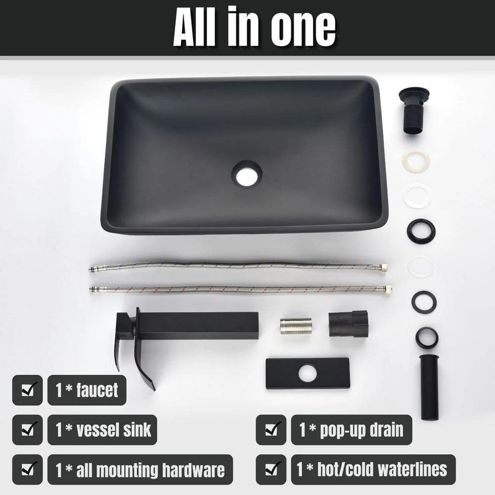 TOOLKISS Glass Rectangular Vessel Sink in Matte Black with Faucet and Pop-Up Drain 8 TOOLKISS Glass Rectangular Vessel Sink in Matte Black with Faucet and Pop-Up Drain - Image 6