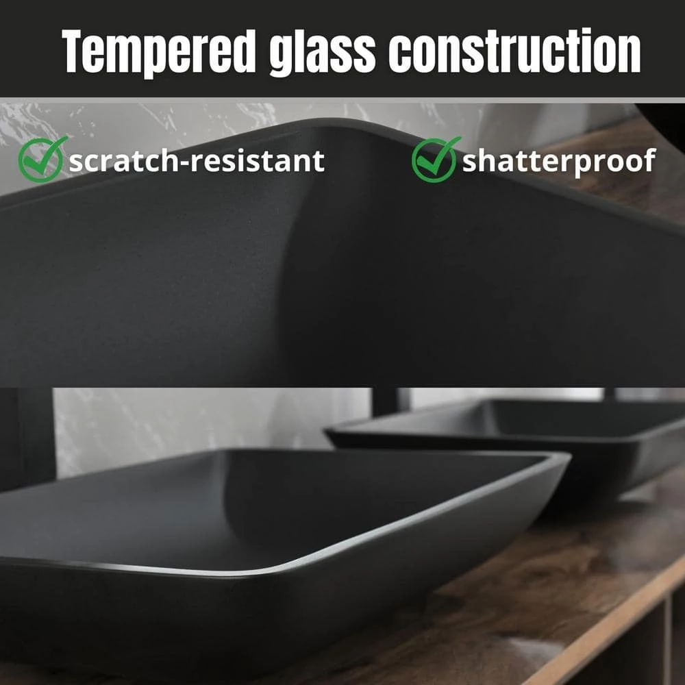 TOOLKISS Glass Rectangular Vessel Sink in Matte Black with Faucet and Pop-Up Drain 6 TOOLKISS Glass Rectangular Vessel Sink in Matte Black with Faucet and Pop-Up Drain - Image 4
