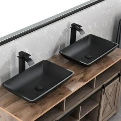 TOOLKISS Glass Rectangular Vessel Sink in Matte Black with Faucet and Pop-Up Drain 24 TOOLKISS Glass Rectangular Vessel Sink in Matte Black with Faucet and Pop-Up Drain -Bathroom Sinks Sales matte black toolkiss vessel sinks ad sink mb08 c3 1000