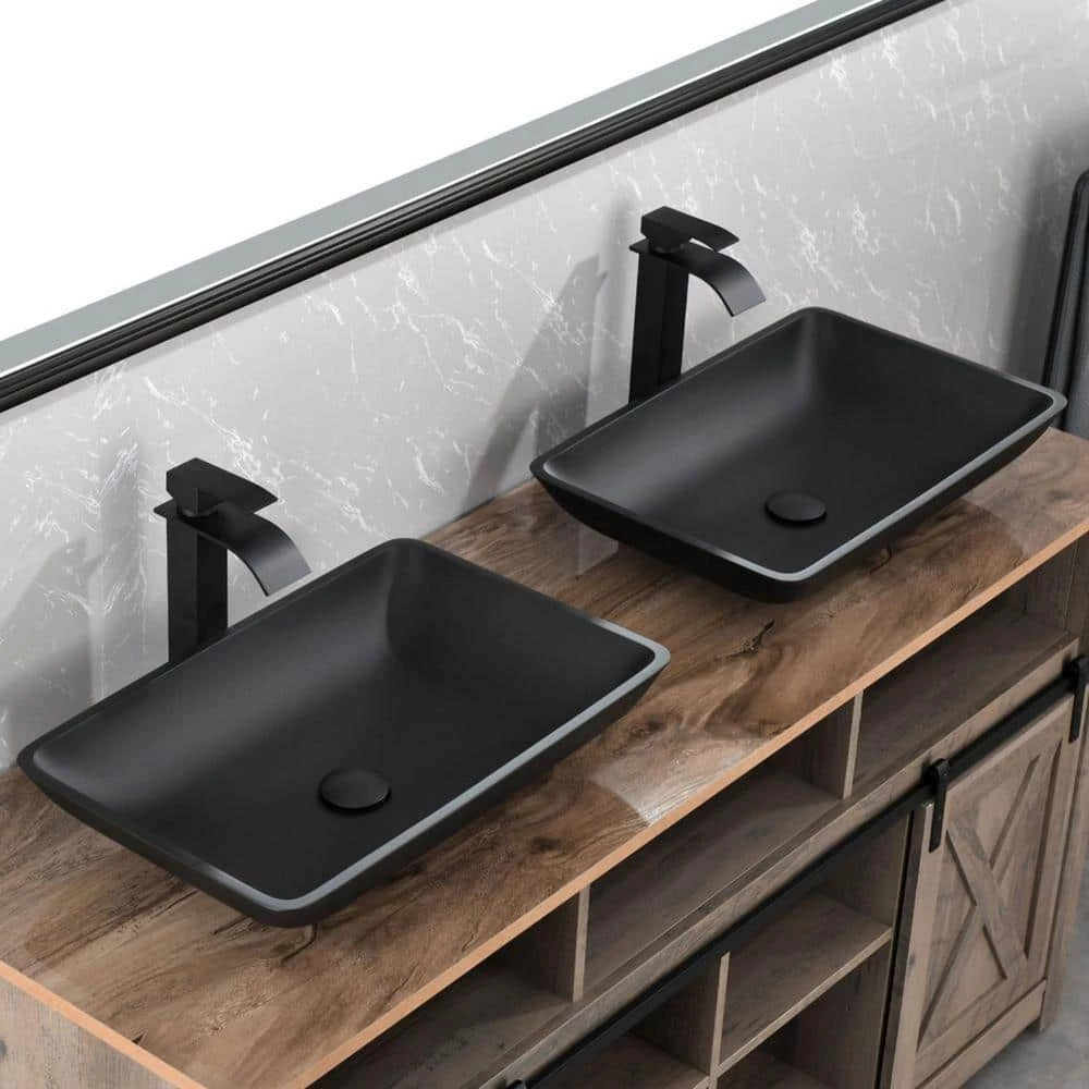 TOOLKISS Glass Rectangular Vessel Sink in Matte Black with Faucet and Pop-Up Drain 10 TOOLKISS Glass Rectangular Vessel Sink in Matte Black with Faucet and Pop-Up Drain - Image 8