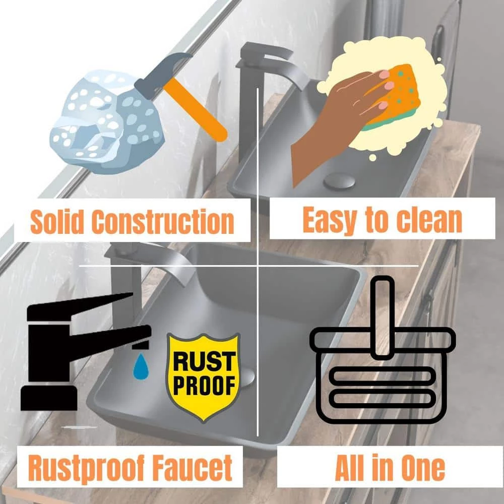 TOOLKISS Glass Rectangular Vessel Sink in Matte Black with Faucet and Pop-Up Drain 4 TOOLKISS Glass Rectangular Vessel Sink in Matte Black with Faucet and Pop-Up Drain - Image 2