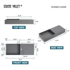 SERENE VALLEY 32 in. Wall-Mount or Countertop Bathroom Hidden Drain with Side Faucet Hole in Matte Gray 12 SERENE VALLEY 32 in. Wall-Mount or Countertop Bathroom Hidden Drain with Side Faucet Hole in Matte Gray -Bathroom Sinks Sales matte gray wall mount sinks svws613 32gr c3 1000