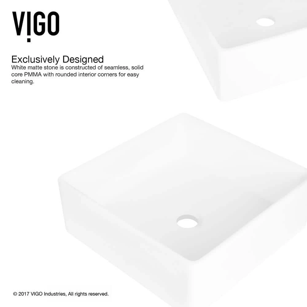 VIGO Matte Stone Dianthus Composite Square Vessel Bathroom Sink in White 9 VIGO Matte Stone Dianthus Composite Square Vessel Bathroom Sink in White - Image 7