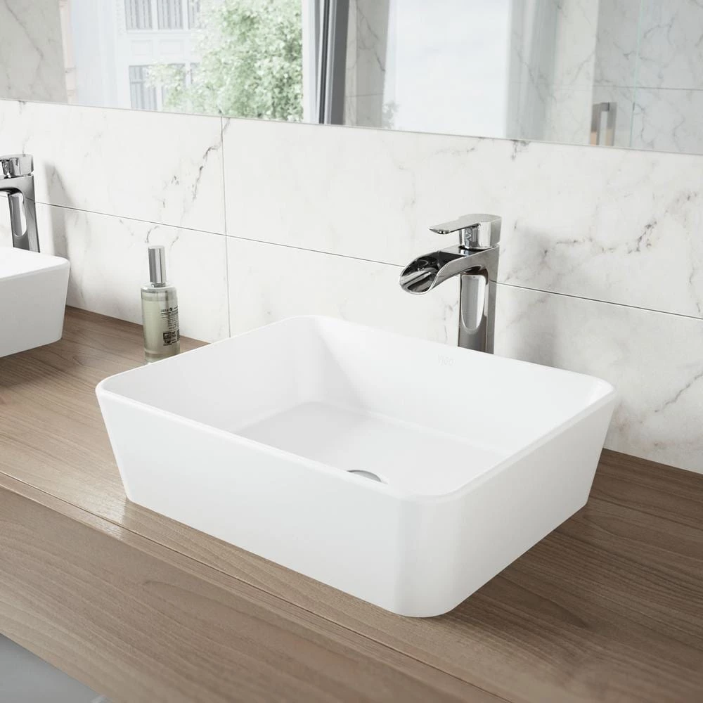 VIGO Matte Stone Marigold Composite Rectangular Vessel Bathroom Sink in White 4 VIGO Matte Stone Marigold Composite Rectangular Vessel Bathroom Sink in White - Image 2