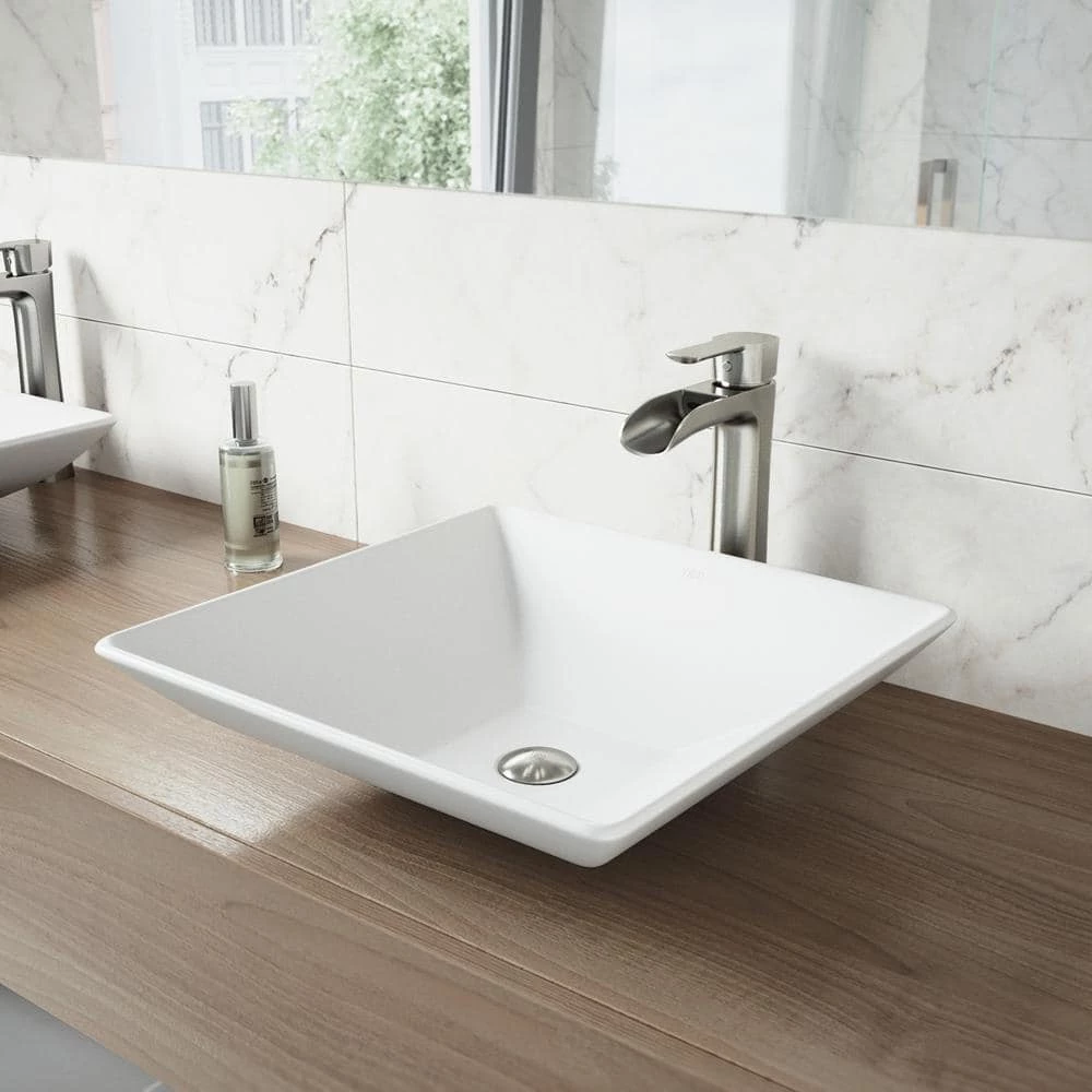 VIGO Matte Stone Hibiscus Composite Square Vessel Bathroom Sink in White 4 VIGO Matte Stone Hibiscus Composite Square Vessel Bathroom Sink in White - Image 2