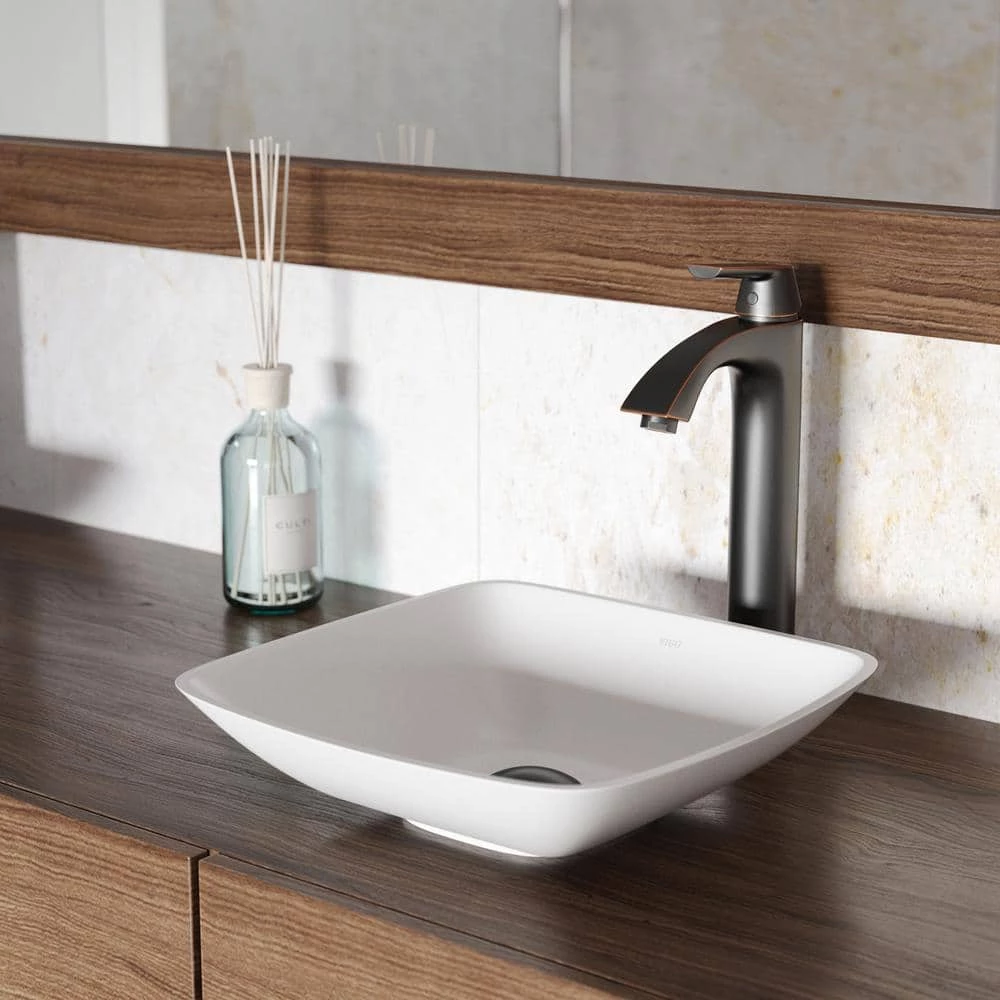 VIGO Matte Stone Hyacinth Composite Square Vessel Bathroom Sink in White 4 VIGO Matte Stone Hyacinth Composite Square Vessel Bathroom Sink in White - Image 2