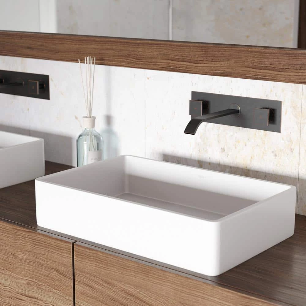 VIGO Matte Stone Magnolia Composite Rectangular Vessel Bathroom Sink in White 4 VIGO Matte Stone Magnolia Composite Rectangular Vessel Bathroom Sink in White - Image 2