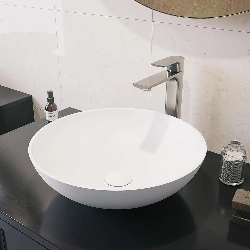 VIGO Matte Stone Lotus Composite Round Vessel Bathroom Sink in White 5 VIGO Matte Stone Lotus Composite Round Vessel Bathroom Sink in White - Image 3