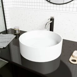 VIGO Matte Stone Bryant Composite Round Vessel Bathroom Sink in White -Bathroom Sinks Sales matte stone vigo vessel sinks vg04019 40 1000