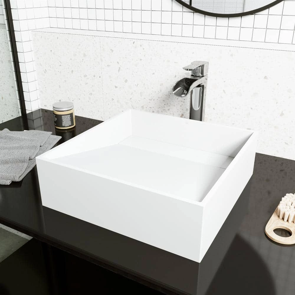 VIGO Matte Stone Starr Composite Square Vessel Bathroom Sink in White 4 VIGO Matte Stone Starr Composite Square Vessel Bathroom Sink in White - Image 2