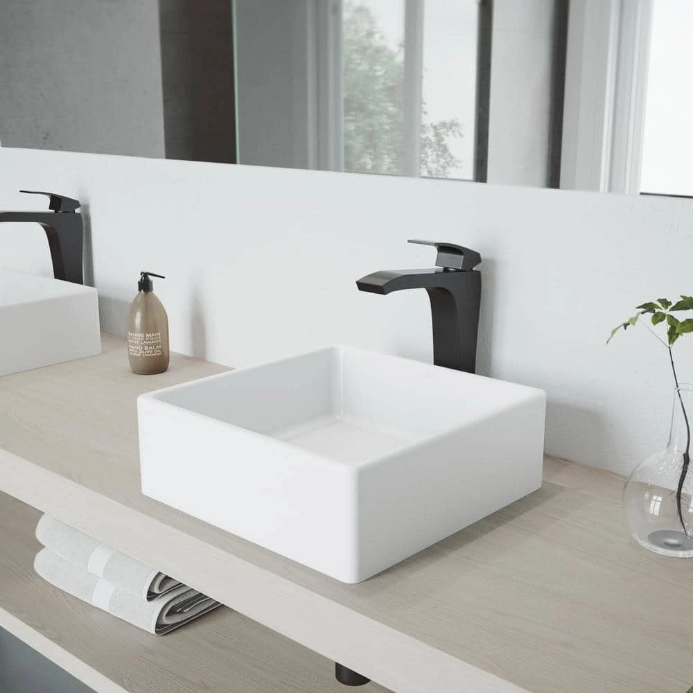 VIGO Matte Stone Dianthus Composite Square Vessel Bathroom Sink in White with Faucet and Pop-Up Drain in Matte Black 3 VIGO Matte Stone Dianthus Composite Square Vessel Bathroom Sink in White with Faucet and Pop-Up Drain in Matte Black