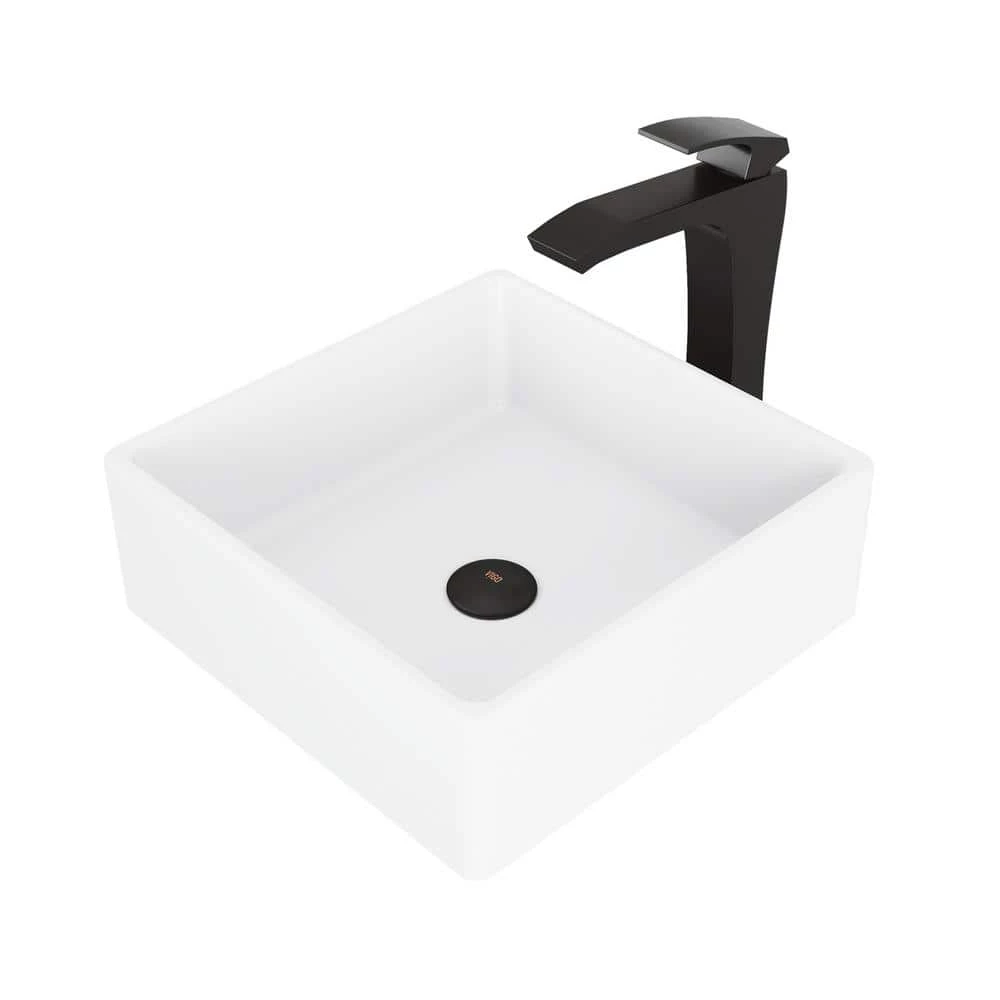 VIGO Matte Stone Dianthus Composite Square Vessel Bathroom Sink in White with Faucet and Pop-Up Drain in Matte Black 6 VIGO Matte Stone Dianthus Composite Square Vessel Bathroom Sink in White with Faucet and Pop-Up Drain in Matte Black - Image 4