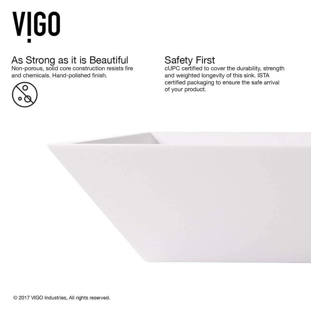 VIGO Matte Stone Vinca Composite Rectangular Vessel Bathroom Sink in White with Faucet and Pop-Up Drain in Brushed Nickel 7 VIGO Matte Stone Vinca Composite Rectangular Vessel Bathroom Sink in White with Faucet and Pop-Up Drain in Brushed Nickel - Image 5