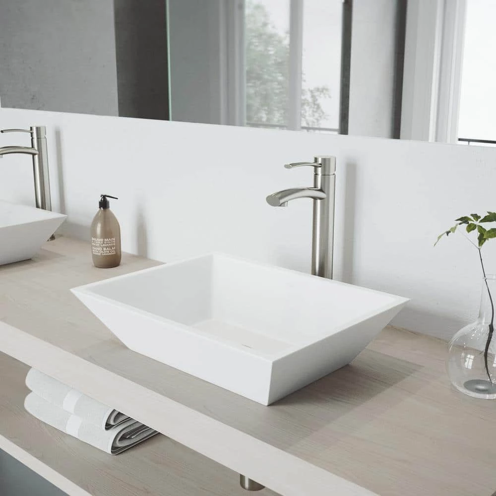 VIGO Matte Stone Vinca Composite Rectangular Vessel Bathroom Sink in White with Faucet and Pop-Up Drain in Brushed Nickel 3 VIGO Matte Stone Vinca Composite Rectangular Vessel Bathroom Sink in White with Faucet and Pop-Up Drain in Brushed Nickel