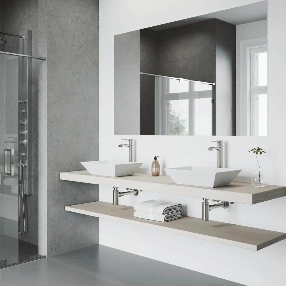 VIGO Matte Stone Vinca Composite Rectangular Vessel Bathroom Sink in White with Faucet and Pop-Up Drain in Brushed Nickel 4 VIGO Matte Stone Vinca Composite Rectangular Vessel Bathroom Sink in White with Faucet and Pop-Up Drain in Brushed Nickel - Image 2