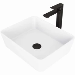 VIGO Matte Stone Marigold Composite Rectangular Vessel Bathroom Sink in White with Faucet and Pop-Up Drain in Matte Black -Bathroom Sinks Sales matte stone vigo vessel sinks vgt1275 40 1000