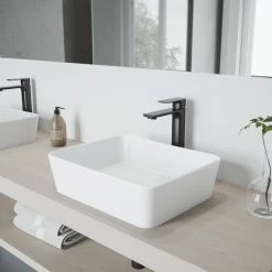 VIGO Matte Stone Marigold Composite Rectangular Vessel Bathroom Sink in White with Faucet and Pop-Up Drain in Matte Black
