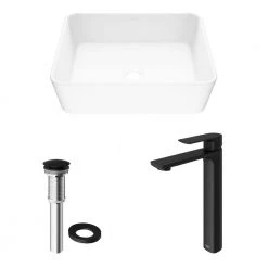 VIGO Matte Stone Marigold Composite Rectangular Vessel Bathroom Sink in White with Faucet and Pop-Up Drain in Matte Black -Bathroom Sinks Sales matte stone vigo vessel sinks vgt1275 a0 1000