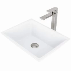 VIGO Matte Stone Vinca Composite Rectangular Vessel Bathroom Sink in White with Faucet and Pop-Up Drain in Brushed Nickel -Bathroom Sinks Sales matte stone vigo vessel sinks vgt1279 40 1000