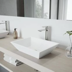 VIGO Matte Stone Vinca Composite Rectangular Vessel Bathroom Sink in White with Faucet and Pop-Up Drain in Brushed Nickel