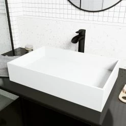 VIGO Matte Stone Montauk Composite Rectangular Vessel Bathroom Sink in White with Niko Faucet and Drain in Matte Black -Bathroom Sinks Sales matte stone vigo vessel sinks vgt2041 77 1000