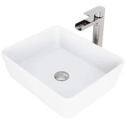 VIGO Matte Stone Marigold Composite Rectangular Vessel Bathroom Sink in White with Faucet and Pop-Up Drain in Brushed Nickel
