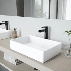 VIGO Matte Stone Magnolia Composite Rectangular Vessel Bathroom Sink in White with Faucet and Pop-Up Drain in Matte Black -Bathroom Sinks Sales matte stone vigo vessel sinks vgt944 40 1000