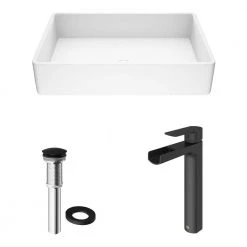 VIGO Matte Stone Magnolia Composite Rectangular Vessel Bathroom Sink in White with Faucet and Pop-Up Drain in Matte Black -Bathroom Sinks Sales matte stone vigo vessel sinks vgt944 a0 1000