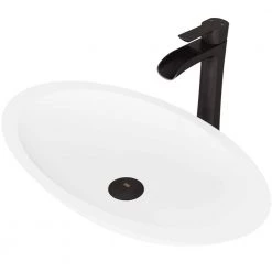VIGO Matte Stone Wisteria Composite Oval Vessel Bathroom Sink in White with Niko Faucet and Pop-Up Drain in Matte Black