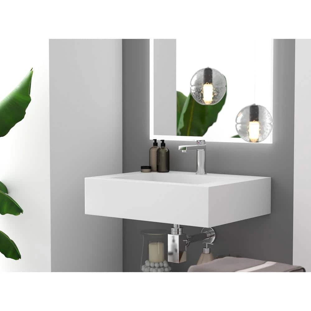 Castellousa Pyramid 24 in. Wall Mount Solid Surface Single Basin Rectangle Bathroom Sink in Matte White 6 Castellousa Pyramid 24 in. Wall Mount Solid Surface Single Basin Rectangle Bathroom Sink in Matte White - Image 4