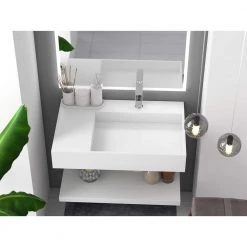 Castellousa Juniper 30 in. Wall Mounted Solid Surface Right Side Basin Rectangle Non Vessel Bathroom Sink in Matte White -Bathroom Sinks Sales matte white castellousa wall mount sinks cb gm 2056 30 r fa 1000
