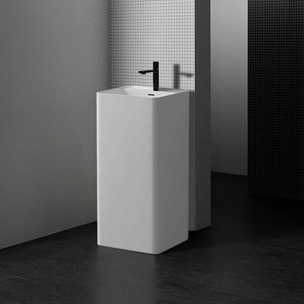 MEDUNJESS Kendall Bathroom Square Solid Surface Basin Pedestal Sink in Matte White with Overflow Drain 6 MEDUNJESS Kendall Bathroom Square Solid Surface Basin Pedestal Sink in Matte White with Overflow Drain - Image 4