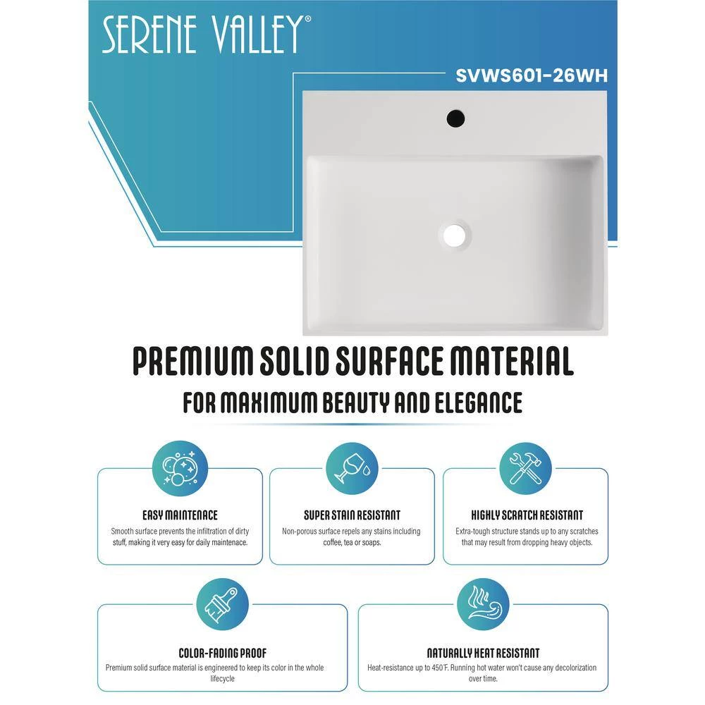 SERENE VALLEY 26 in. Wall-Mount or Countertop Install, Bathroom Sink with Single Faucet Hole in Matte White 8 SERENE VALLEY 26 in. Wall-Mount or Countertop Install, Bathroom Sink with Single Faucet Hole in Matte White - Image 6