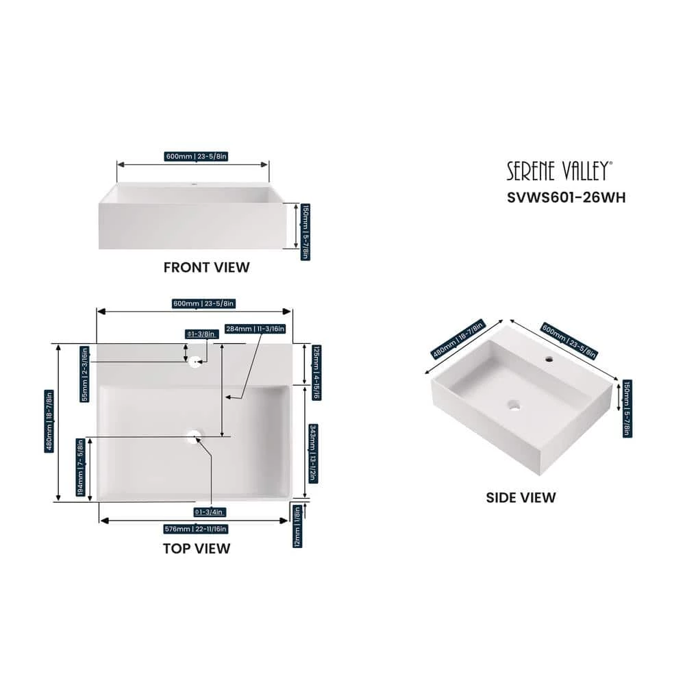 SERENE VALLEY 26 in. Wall-Mount or Countertop Install, Bathroom Sink with Single Faucet Hole in Matte White 7 SERENE VALLEY 26 in. Wall-Mount or Countertop Install, Bathroom Sink with Single Faucet Hole in Matte White - Image 5
