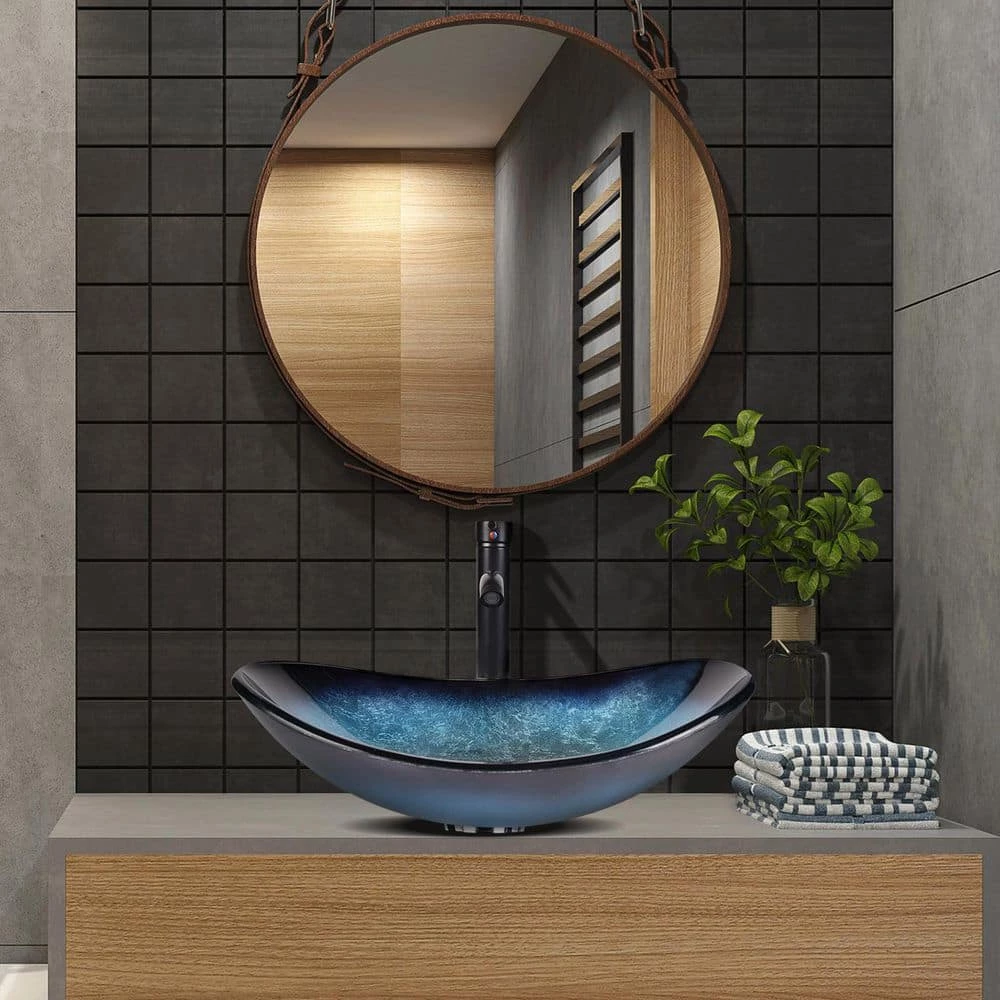 Tahanbath Artistic Tempered Glass Bathroom Sink Oval Shape Vessel Sink with Faucet Combo Ocean Blue 5 Tahanbath Artistic Tempered Glass Bathroom Sink Oval Shape Vessel Sink with Faucet Combo Ocean Blue - Image 4