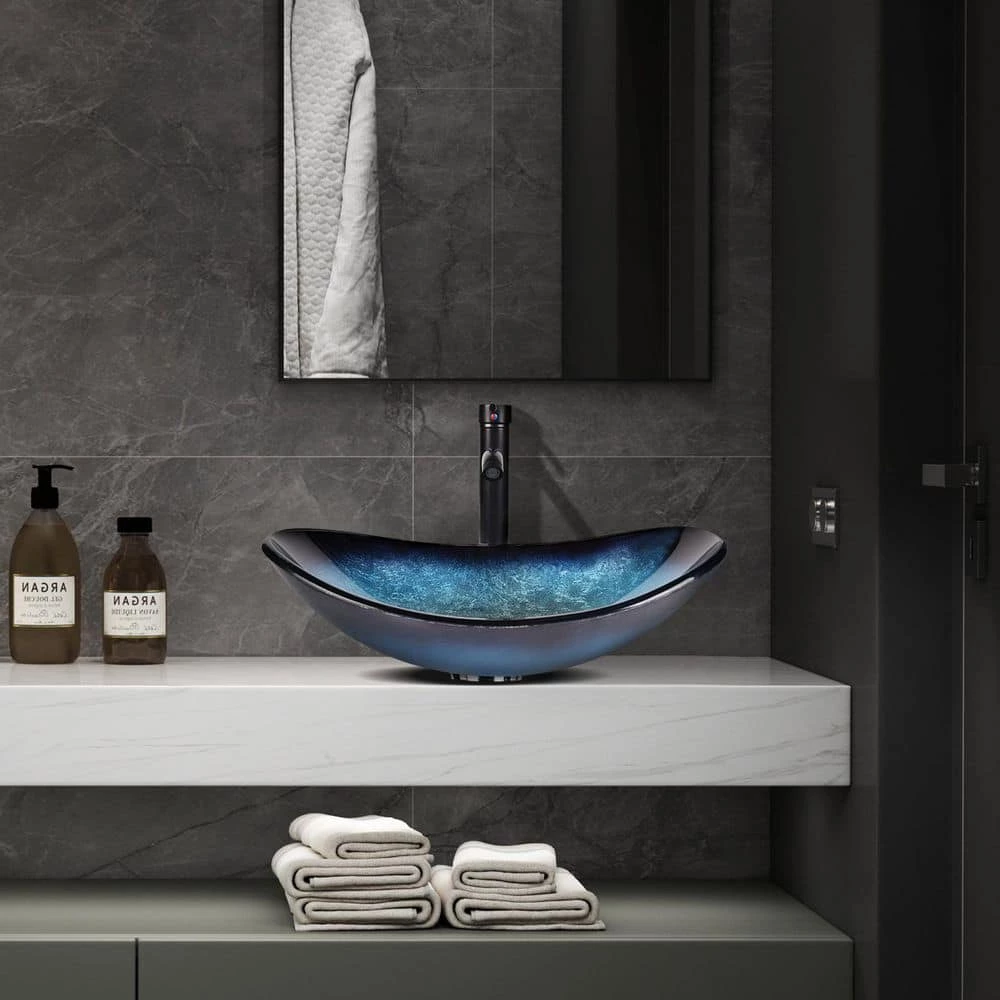 Tahanbath Artistic Tempered Glass Bathroom Sink Oval Shape Vessel Sink with Faucet Combo Ocean Blue 4 Tahanbath Artistic Tempered Glass Bathroom Sink Oval Shape Vessel Sink with Faucet Combo Ocean Blue - Image 3
