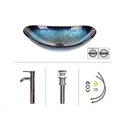 Tahanbath Artistic Tempered Glass Bathroom Sink Oval Shape Vessel Sink with Faucet Combo Ocean Blue
