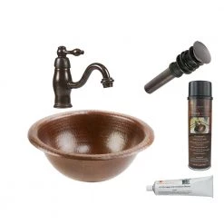Premier Copper Products All-in-One Small Round Self Rimming Hammered Copper Bathroom Sink in Oil Rubbed Bronze