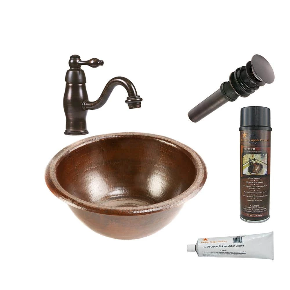 Premier Copper Products All-in-One Small Round Self Rimming Hammered Copper Bathroom Sink in Oil Rubbed Bronze 3 Premier Copper Products All-in-One Small Round Self Rimming Hammered Copper Bathroom Sink in Oil Rubbed Bronze