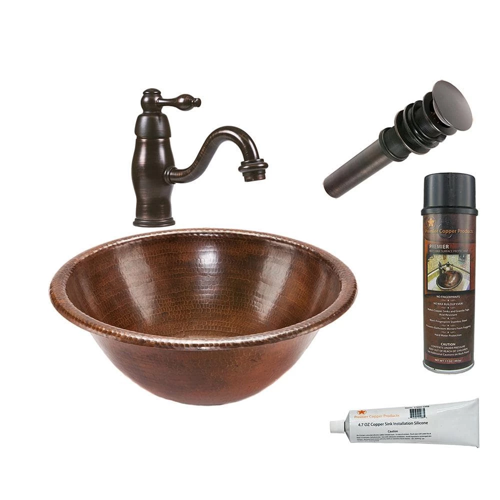 Premier Copper Products All-in-One Round Self Rimming Hammered Copper Bathroom Sink in Oil Rubbed Bronze 3 Premier Copper Products All-in-One Round Self Rimming Hammered Copper Bathroom Sink in Oil Rubbed Bronze