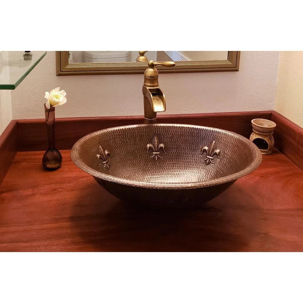 Premier Copper Products Self-Rimming Oval Fleur-De-Lis Hammered Copper Bathroom Sink in Oil Rubbed Bronze 3 Premier Copper Products Self-Rimming Oval Fleur-De-Lis Hammered Copper Bathroom Sink in Oil Rubbed Bronze