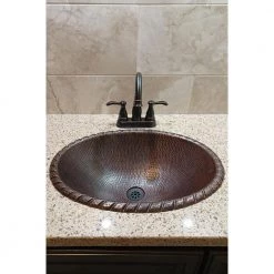 Premier Copper Products Self-Rimming Oval Roped Rim Hammered Copper Bathroom Sink in Oil Rubbed Bronze