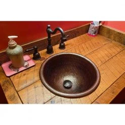 Premier Copper Products Self-Rimming Small Round Hammered Copper Bathroom Sink in Oil Rubbed Bronze -Bathroom Sinks Sales oil rubbed bronze premier copper products drop in bathroom sinks lr14rdb c3 1000